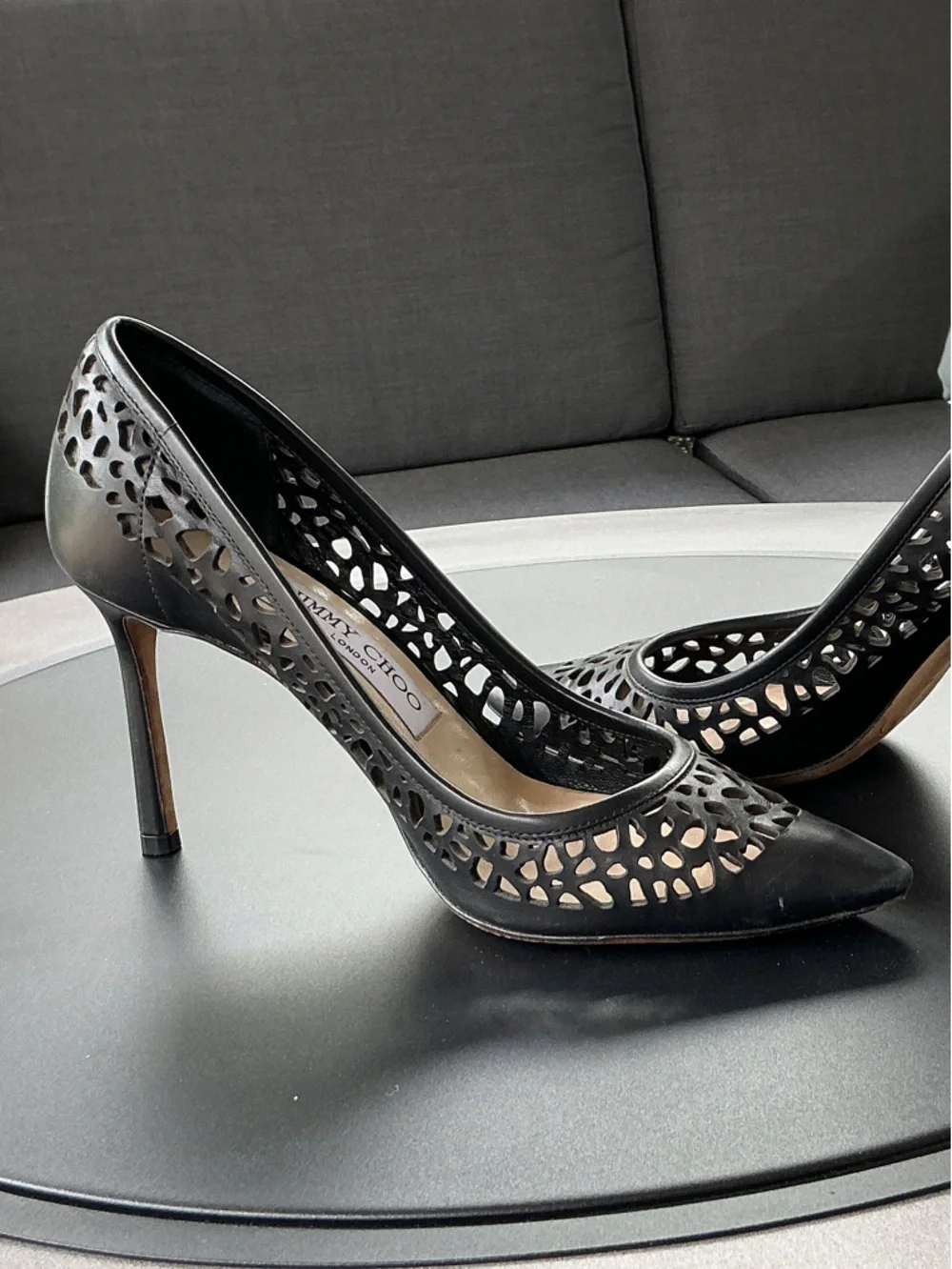 Jimmy Choo Black Laser-cut Kid Leather Romy 85 Pumps